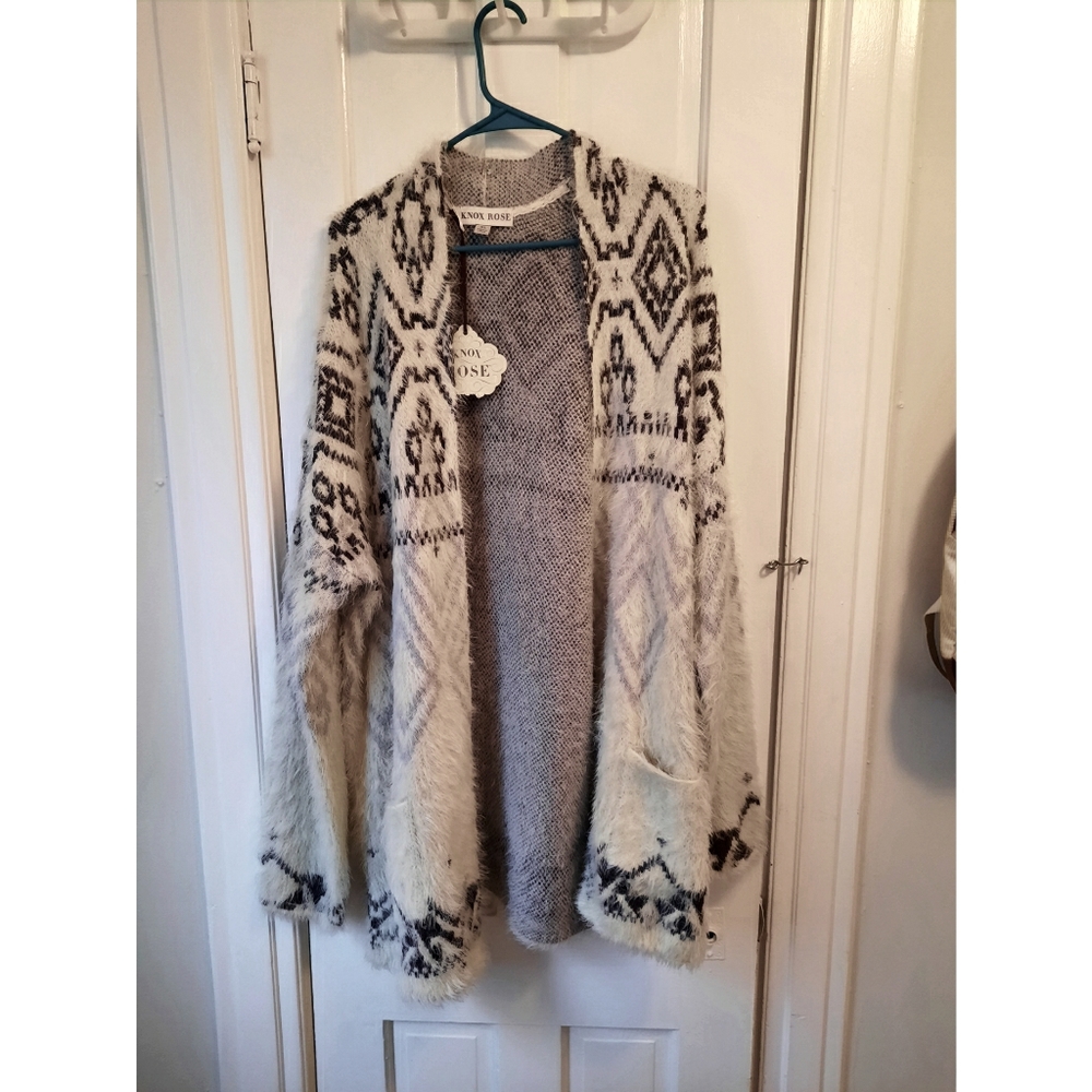 Knox Rose Fuzzy Aztec Print Open Cardigan Boho